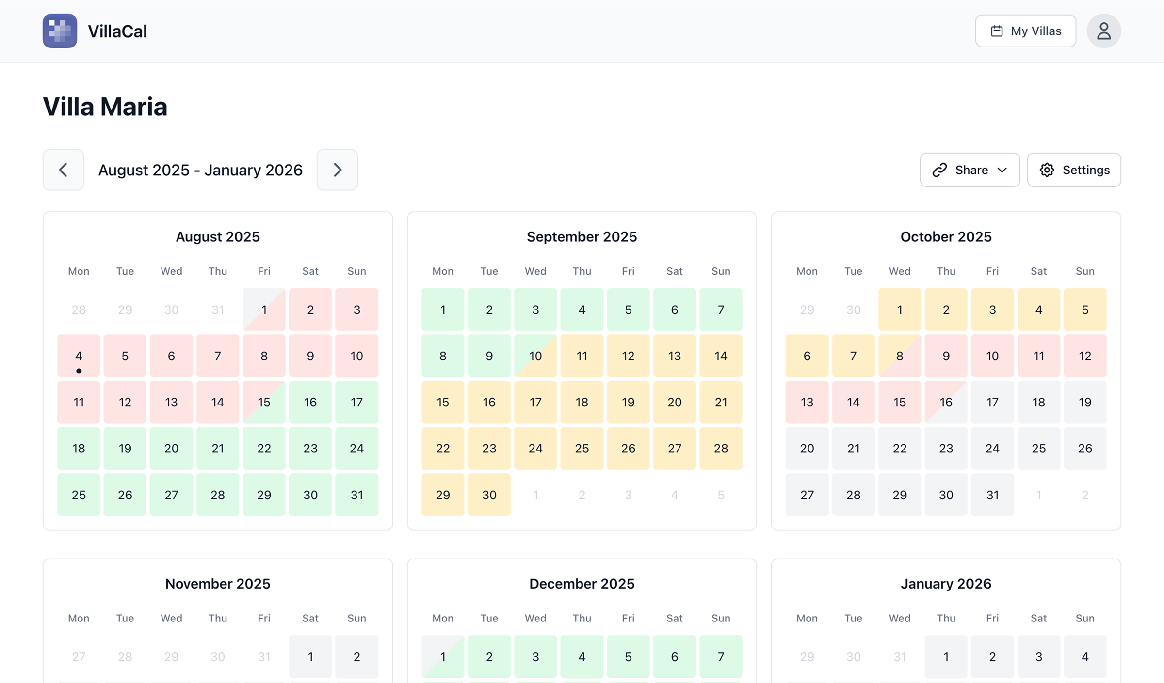 VillaCal calendar interface showing availability management